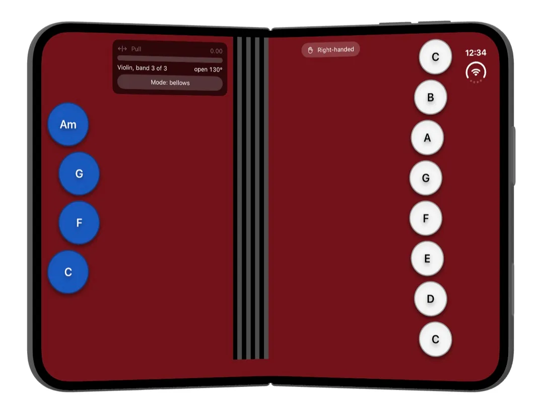 The first accordion layout, with plain blue chord buttons on the left, white note buttons on the right and a debug readout