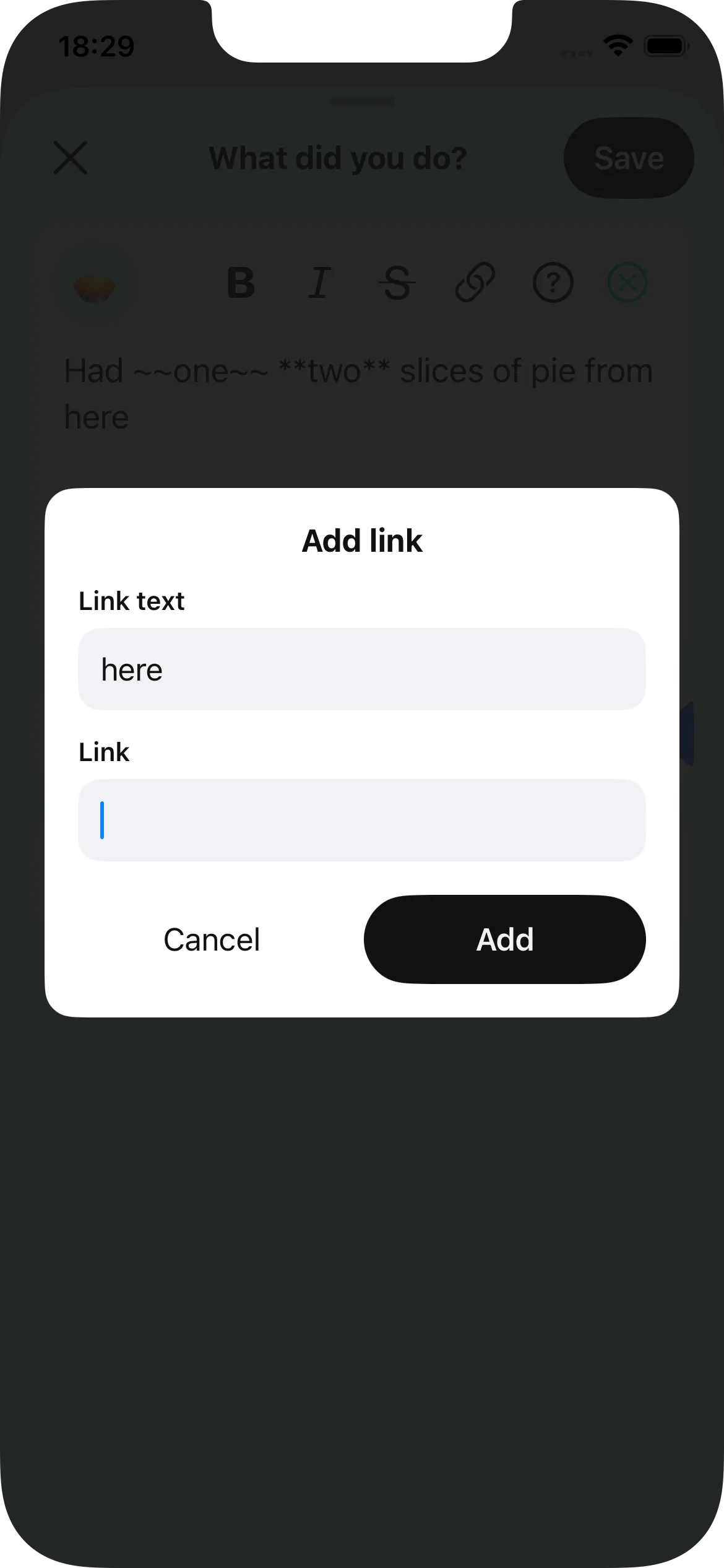 The Add link modal -- link text pre-filled from the selection, URL field left open.