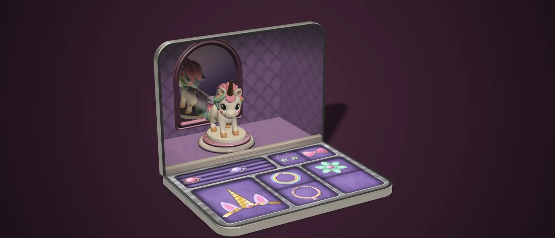 Twirlaby at a 90 degree pose, with the unicorn dancer in front of the mirror and the jewellery tray below